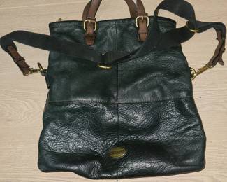 This is a dark textured leather Fossil Explorer Foldover crossbody bag.