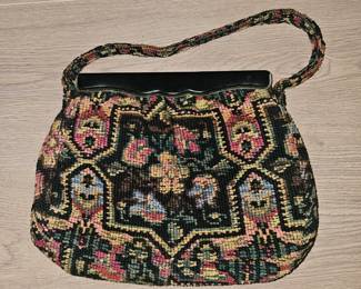 Vintage needlepoint tapestry carpet bag with floral and geometric pattern