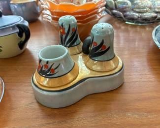 Vintage Japanese lusterware salt, pepper, and condiment set