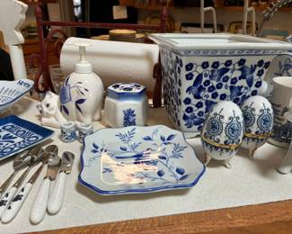 Selection of blue and white kitchenware and decor