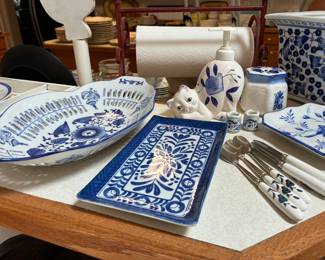 Blue and white platters
