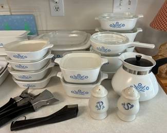 Vintage Blue Cornflower Corningware casserole dishes, pots, and kettle