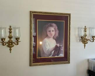 Wall sconces and framed print