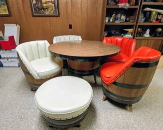 Barrel set includes table, four chairs, ottoman, rocker, side table, bar, and 3 barstools!