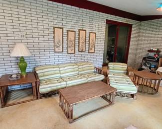 This sandalwood patio set which includes sofa, coffee table, chair with ottoman, two side tables, table with four chairs!