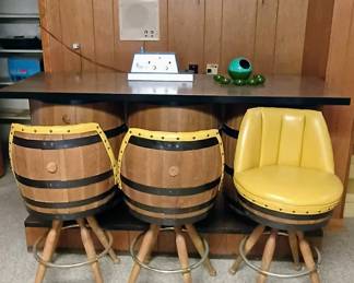 Barrel set includes table, four chairs, ottoman, rocker, side table, bar, and 3 barstools!