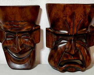 Vntg Hand Carved Wood Masks Tragedy Comedy
