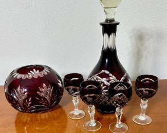 Vntg Ruby Red Decanter/Cups/Bowl