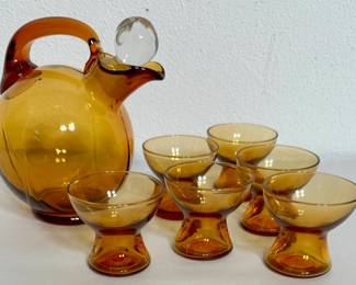 Vntg Ball Amber Decanter/Cups