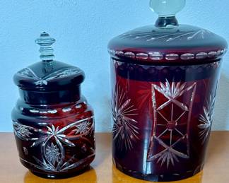 Vntg Ruby Red Cut Glass Jars