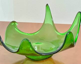 Hand made art glass 6 prong green bowl