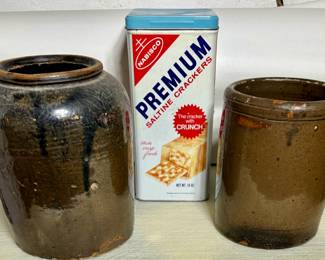 Vntg Stone Crocks/Saltine Tin