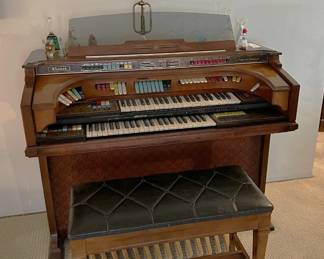 This organ is by Thomas, model Californian Theatre 287.  Turn down the sound on a movie, and see if you can create your own music soundtrack, like the silent movies did!