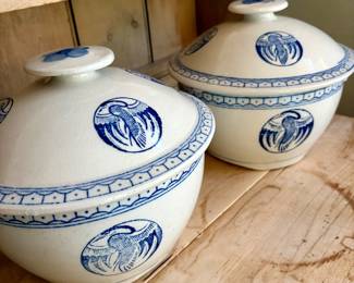 Vintage Chinese Porcelain Rice Bowl with Lid Crane Blue Serving Dish 
