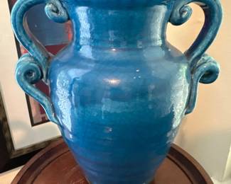  vintage turquoise ceramic vessel or amphora-style vase with scroll handles