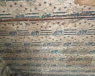 Large wood trunk  on rollers with vintage graphics