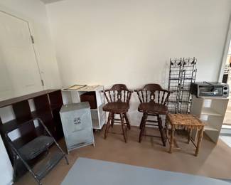 Cube storage, step stool, pet feeder, two chunky 70s bar stools, two metal racks