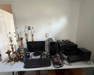 Brass lamps, computer and printer