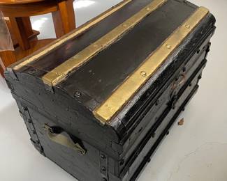 Large wood trunk  on rollers with vintage graphics