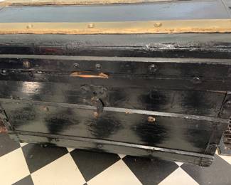 Large wood trunk with vintage graphics on lid