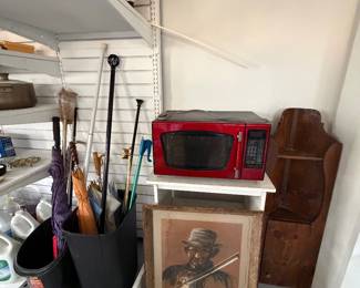Microwave, art and vintage wood hanging corner shelf