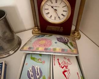 Vintage Howard Miller clock and ceramic card holder