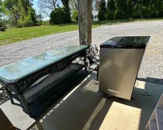 dorm Refrigerator & wicker table with glass top
