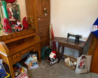 Roll top desk antique singer sewing machine, tall dresser