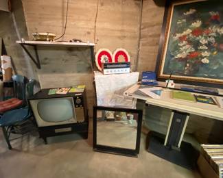 2 wooden chairs, RCA tube TV