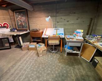 Art work, drafting table, vinyl records