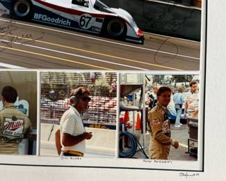 Professionally matted collage of photos featuring Bob Wollek, Jim Busby, & John Andretti. Signed by all three racers, along with master photographer Richard Stefani. Measures in matting, 12.5” H x 14.25” W. Robert Jean Wollek, nicknamed “Brilliant Bob”, was a race car driver from Strasbourg, France. He won a total of 76 races in his career, 71 in Porsche cars, including four editions of the 24 Hours of Daytona and one edition of the 12 Hours of Sebring. John Andrew Andretti was an American professional race car driver. He won individual races in CART, IMSA GTP, Rolex Sports Car Series, and NASCAR during his career.