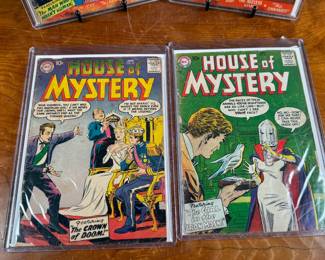 This lot features eight (8) DC Comics’ ‘House of Mystery’ comic books featuring various issues from the early series run including two copies of #57, #56, #58, #63, #64, #65, and #66. Notable covers include ‘The Ageless Man, ’ ‘The Secret Carved in Wood, ’ and ‘The Crown of Doom.’ All books are bagged and boarded for protection.
