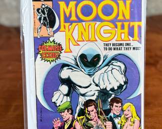 Marvel Comics Group Moon Knight #1, published in 1980. The comic features the first solo title appearance of Moon Knight, a notable character in Marvel’s lineup. Cover price is listed as 50 cents. Condition appears to be well-preserved with the book encased in a protective sleeve. Great for collectors of key comic book issues.
