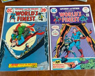 This lot features four World’s Finest comic books featuring Superman and Batman stories. Comics display artwork and storylines typical of DC publications. Titles include issues with cover prices of 12¢, 15¢, 20¢, and 25¢. Each comic is bagged and backed.