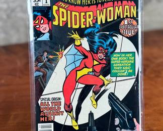 Marvel Comics Spider-Woman #1, published in 1978. Features the first appearance of Spider-Woman, Jessica Drew, with the tagline ‘To Know Her Is To Fear Her!’ in 35-cent price variant. The comic is bagged for preservation with visible front cover illustrations in vibrant multicolors.