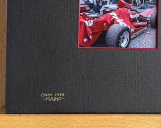A photo collection of Mario Andretti and a signed ticket by Andretti. Photos taken by master photographer, Richard Stefani (also signed). Professionally matted and kept in a protective sleeve. Measures in matting, 17.25” H x 19.5” W. Mario Gabriele Andretti is an American former racing driver and businessman, who competed in Formula One from 1968 to 1982. Andretti won the Formula One World Drivers’ Championship in 1978 with Lotus, and won 12 Grands Prix across 14 seasons.