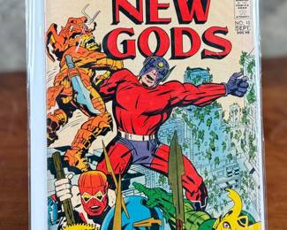 New Gods issue #9, published by DC Comics in September 1972, featuring a vibrant cover with ‘The Insect Horde of Mantis Invades Earth!’ storyline. Priced at 20 cents and part of Jack Kirby’s iconic series. The comic is bagged and set on a stand for display.