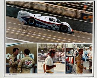 Professionally matted collage of photos featuring Bob Wollek, Jim Busby, & John Andretti. Signed by all three racers, along with master photographer Richard Stefani. Measures in matting, 12.5” H x 14.25” W. Robert Jean Wollek, nicknamed “Brilliant Bob”, was a race car driver from Strasbourg, France. He won a total of 76 races in his career, 71 in Porsche cars, including four editions of the 24 Hours of Daytona and one edition of the 12 Hours of Sebring. John Andrew Andretti was an American professional race car driver. He won individual races in CART, IMSA GTP, Rolex Sports Car Series, and NASCAR during his career.