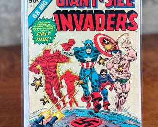 Marvel Comics Group Giant-Size Invaders issue #1 from June 1975. Features characters including Captain America, Sub-Mariner, and Human Torch. The comic has 68 pages and includes the story ‘The Horde of Hitler.’ The cover price is $0.50, and the comic is preserved in a protective sleeve.