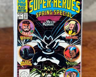 Marvel Super-Heroes Spring Special, featuring an 80-page blockbuster edition. Notable characters include Hercules, Black Knight, Black Panther, Scarlet Spider, and Speedball. The comic is bagged and boarded, likely ensuring protection and preservation. Published by Marvel Comics, condition and specific details of preservation are not specified.