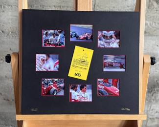 A photo collection of Mario Andretti and a signed ticket by Andretti. Photos taken by master photographer, Richard Stefani (also signed). Professionally matted and kept in a protective sleeve. Measures in matting, 17.25” H x 19.5” W. Mario Gabriele Andretti is an American former racing driver and businessman, who competed in Formula One from 1968 to 1982. Andretti won the Formula One World Drivers’ Championship in 1978 with Lotus, and won 12 Grands Prix across 14 seasons.