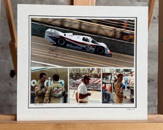 Professionally matted collage of photos featuring Bob Wollek, Jim Busby, & John Andretti. Signed by all three racers, along with master photographer Richard Stefani. Measures in matting, 12.5” H x 14.25” W. Robert Jean Wollek, nicknamed “Brilliant Bob”, was a race car driver from Strasbourg, France. He won a total of 76 races in his career, 71 in Porsche cars, including four editions of the 24 Hours of Daytona and one edition of the 12 Hours of Sebring. John Andrew Andretti was an American professional race car driver. He won individual races in CART, IMSA GTP, Rolex Sports Car Series, and NASCAR during his career.