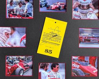 A photo collection of Mario Andretti and a signed ticket by Andretti. Photos taken by master photographer, Richard Stefani (also signed). Professionally matted and kept in a protective sleeve. Measures in matting, 17.25” H x 19.5” W. Mario Gabriele Andretti is an American former racing driver and businessman, who competed in Formula One from 1968 to 1982. Andretti won the Formula One World Drivers’ Championship in 1978 with Lotus, and won 12 Grands Prix across 14 seasons.