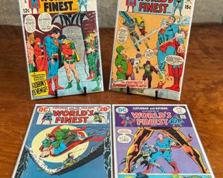 This lot features four World’s Finest comic books featuring Superman and Batman stories. Comics display artwork and storylines typical of DC publications. Titles include issues with cover prices of 12¢, 15¢, 20¢, and 25¢. Each comic is bagged and backed.