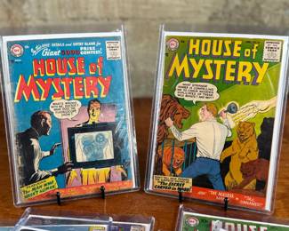This lot features eight (8) DC Comics’ ‘House of Mystery’ comic books featuring various issues from the early series run including two copies of #57, #56, #58, #63, #64, #65, and #66. Notable covers include ‘The Ageless Man, ’ ‘The Secret Carved in Wood, ’ and ‘The Crown of Doom.’ All books are bagged and boarded for protection.