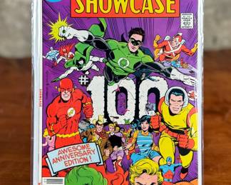 Showcase #100 comic, published by DC in May 1978. Features 60 DC characters on the cover, commemorating 100 issues of the series. 60-cent cover price, with vibrant artwork highlighting characters such as Green Lantern, The Flash, and others.