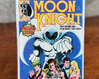 Marvel Comics Group Moon Knight #1, published in November 1980. Features the first solo comic for Moon Knight, created by Doug Moench and Bill Sienkiewicz. Includes original 50¢ cover price with a vibrant cover design featuring iconic characters. Bagged and boarded for preservation.