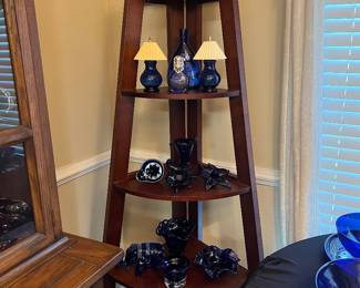 Cobalt Blue Glassware and Pyramid Shelving Unit