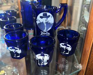 Hopalong Cassidy Blue Cobalt Glass Pitcher and Cup Set