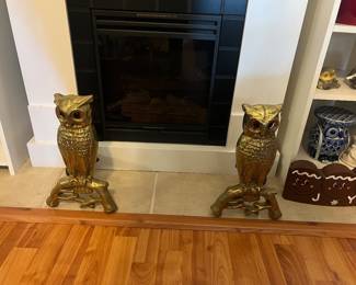 Vintage Brass Owl Andirons Glass Eyes